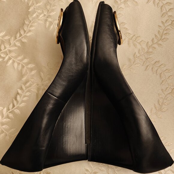 Tory Burch Benton Peep Toe Nappa Leather Black Wedge Heels Size 9.5 - Picture 3 of 7